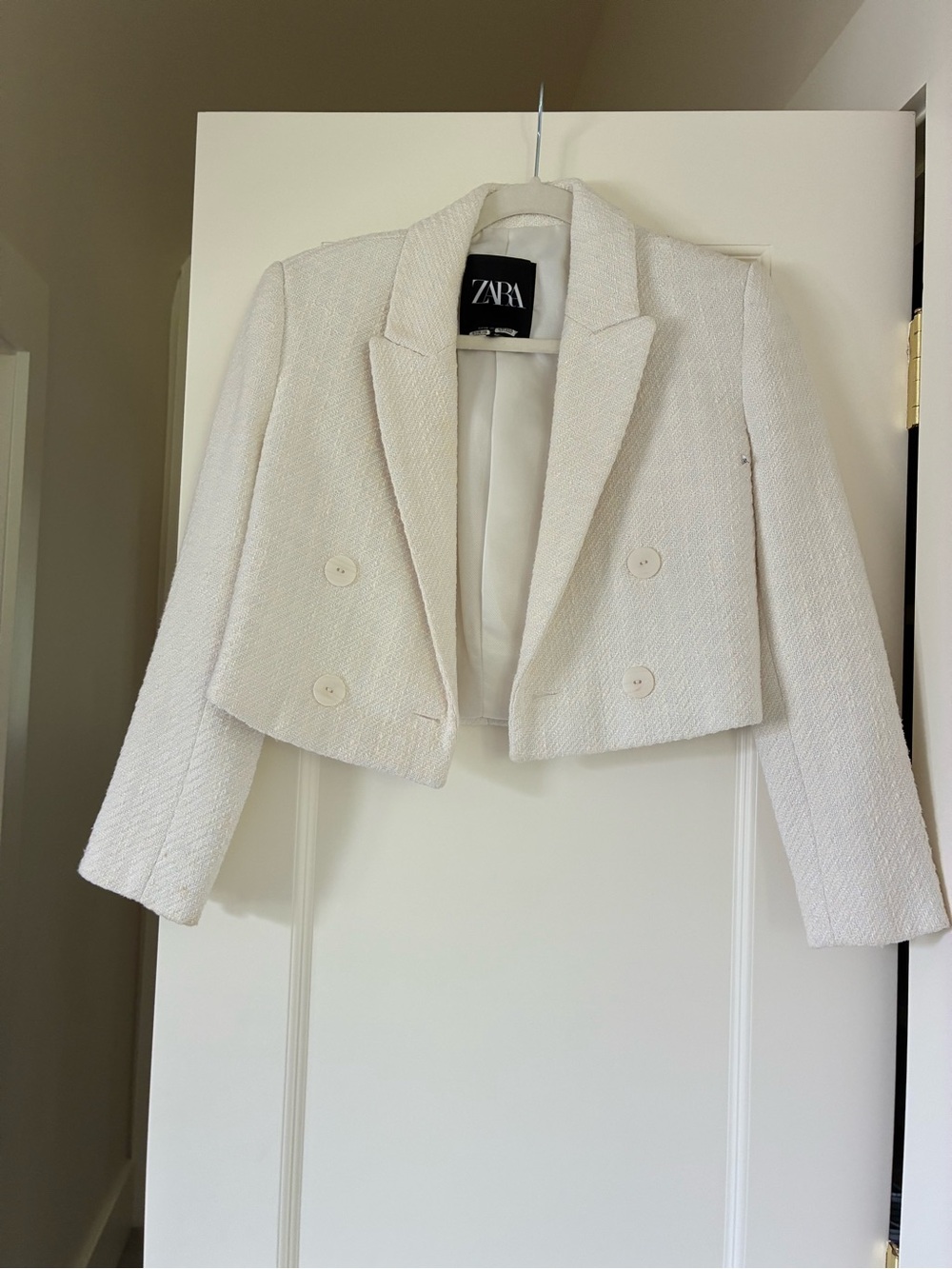 Zara Cream Cropped Double-Breasted Tweed Blazer with matching shorts